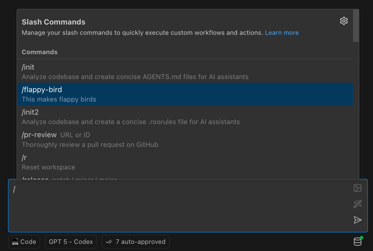 Slash commands menu showing available commands